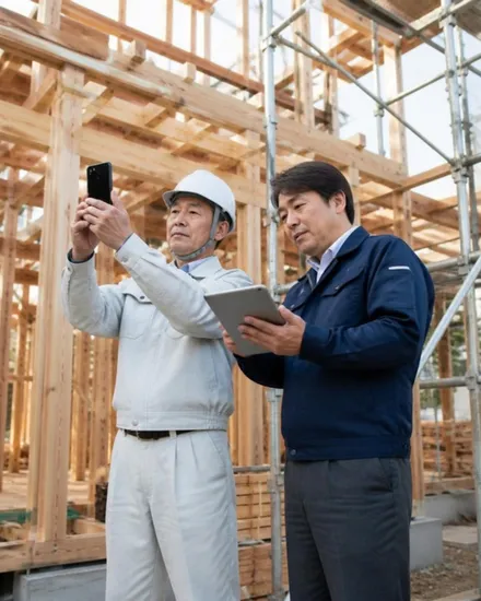 現場で写真を撮る職人と、タブレットで確認する社長