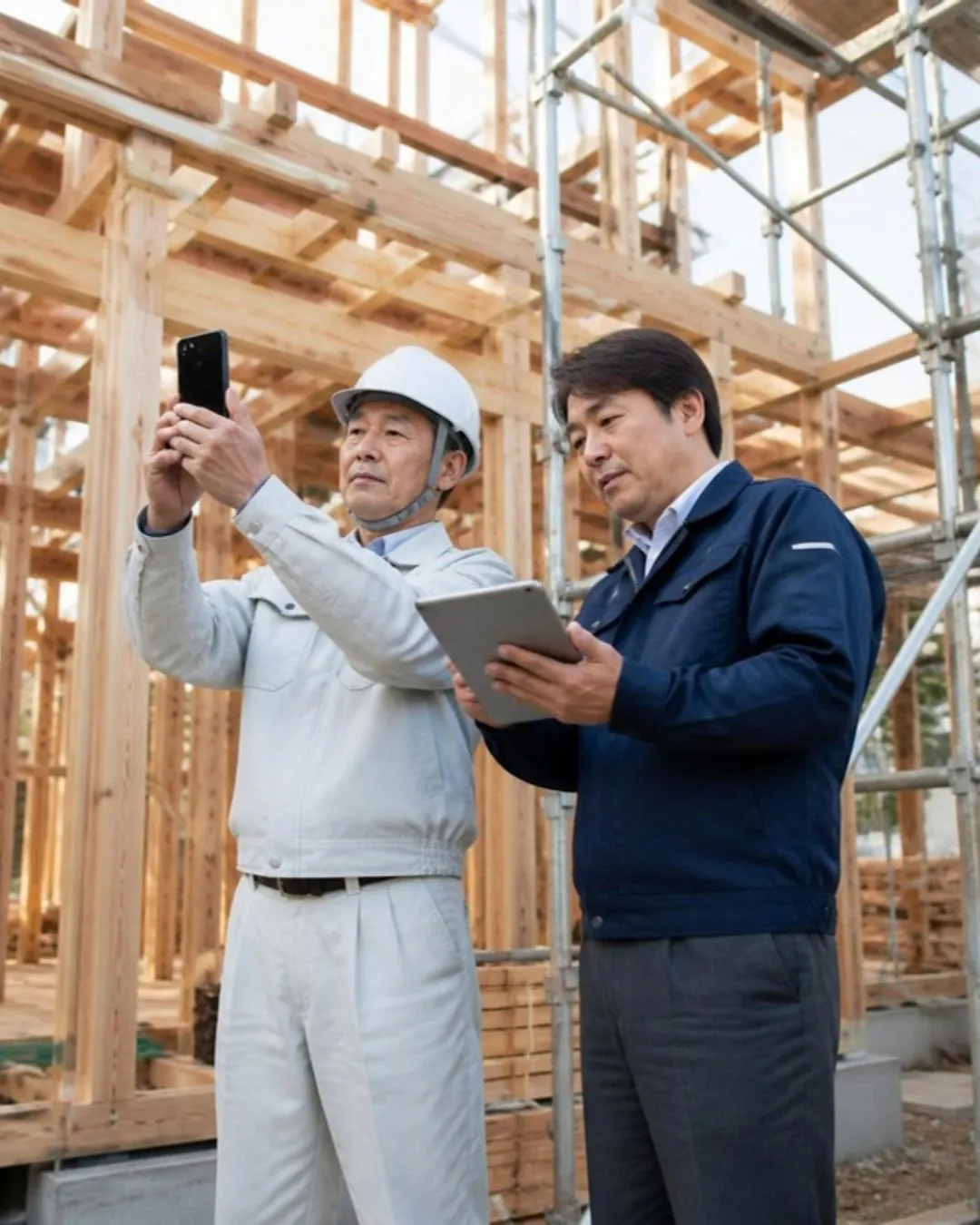 現場でスマートフォンに写真を登録する職人と、確認する社長