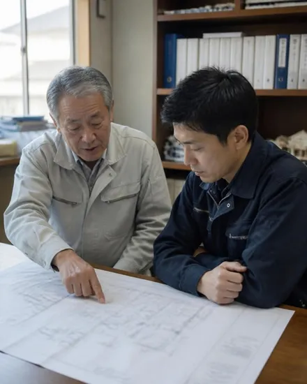 事務所で図面を前に話す年配の社長と若手社員