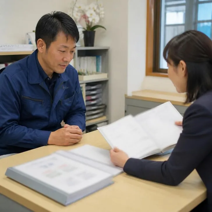 事務所で許可の書類をそろえる社長(イメージ)