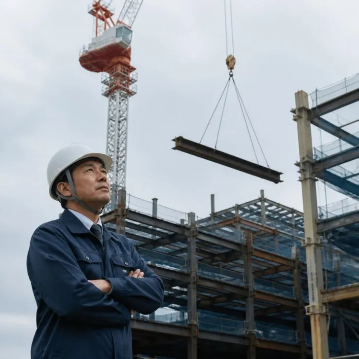 大型の現場で元請の技術者が下請の職長と打ち合わせる場面（イメージ）