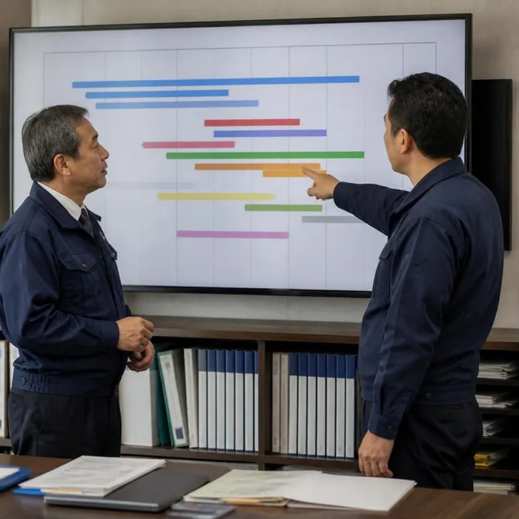 事務所でタブレットの工程表を確認する社長と現場監督(イメージ)