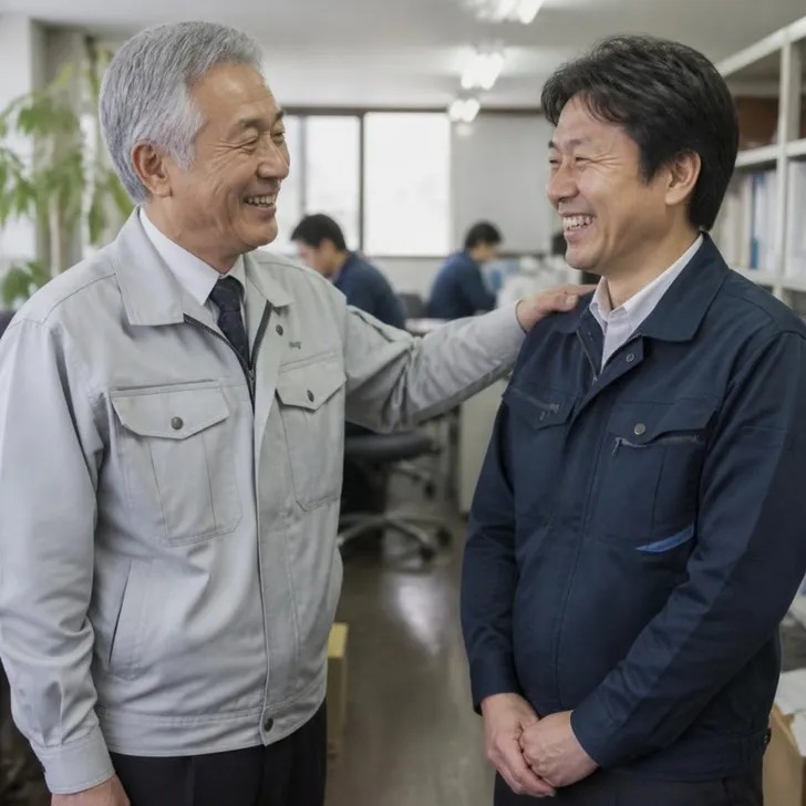 現場事務所で社長と番頭格の社員が書類を確認する場面(イメージ)