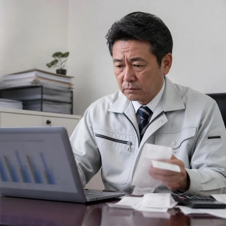 事務所のパソコンで現場ごとの実行予算と原価を見比べる社長(イメージ)