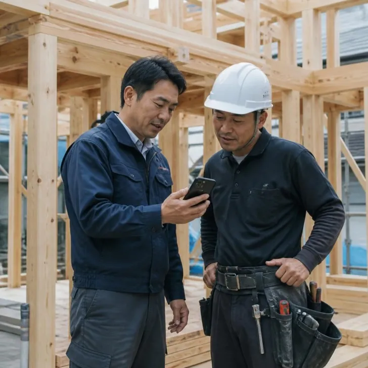 現場で職長がスマートフォンの連絡を確認する場面(イメージ)
