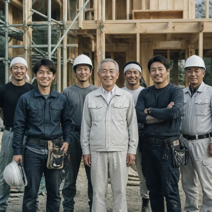 朝礼で社長の話を聞く職人たち(イメージ)