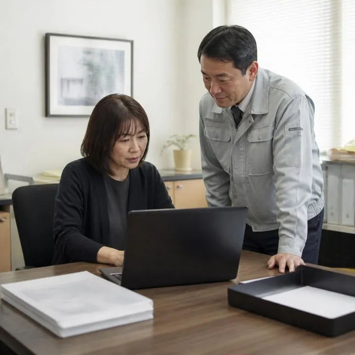 事務所で見積書と請求書を確認する事務担当者(イメージ)