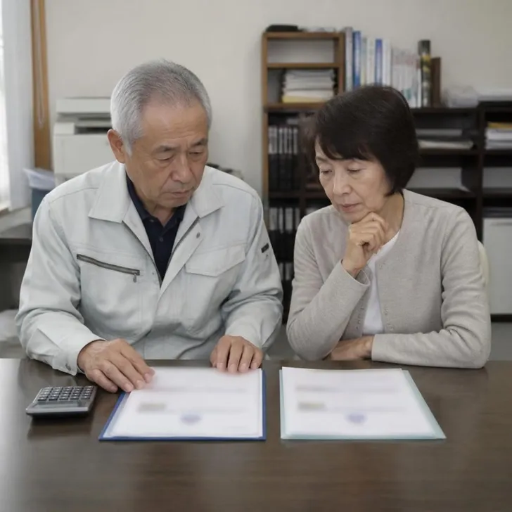 資材置き場で重機を前に考える社長(イメージ)