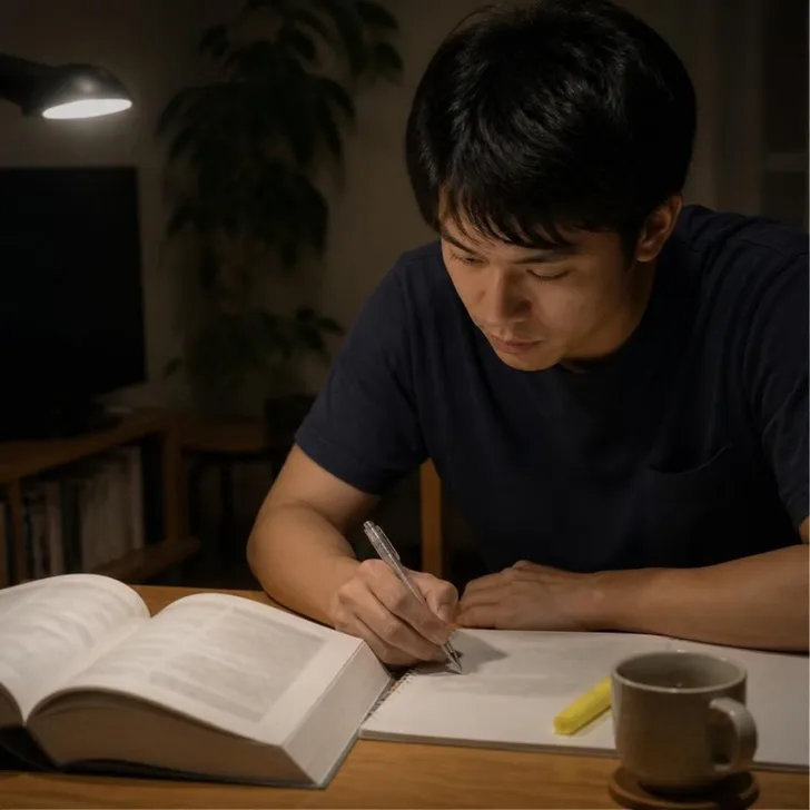 職人が休憩中に資格の勉強をする場面(イメージ)